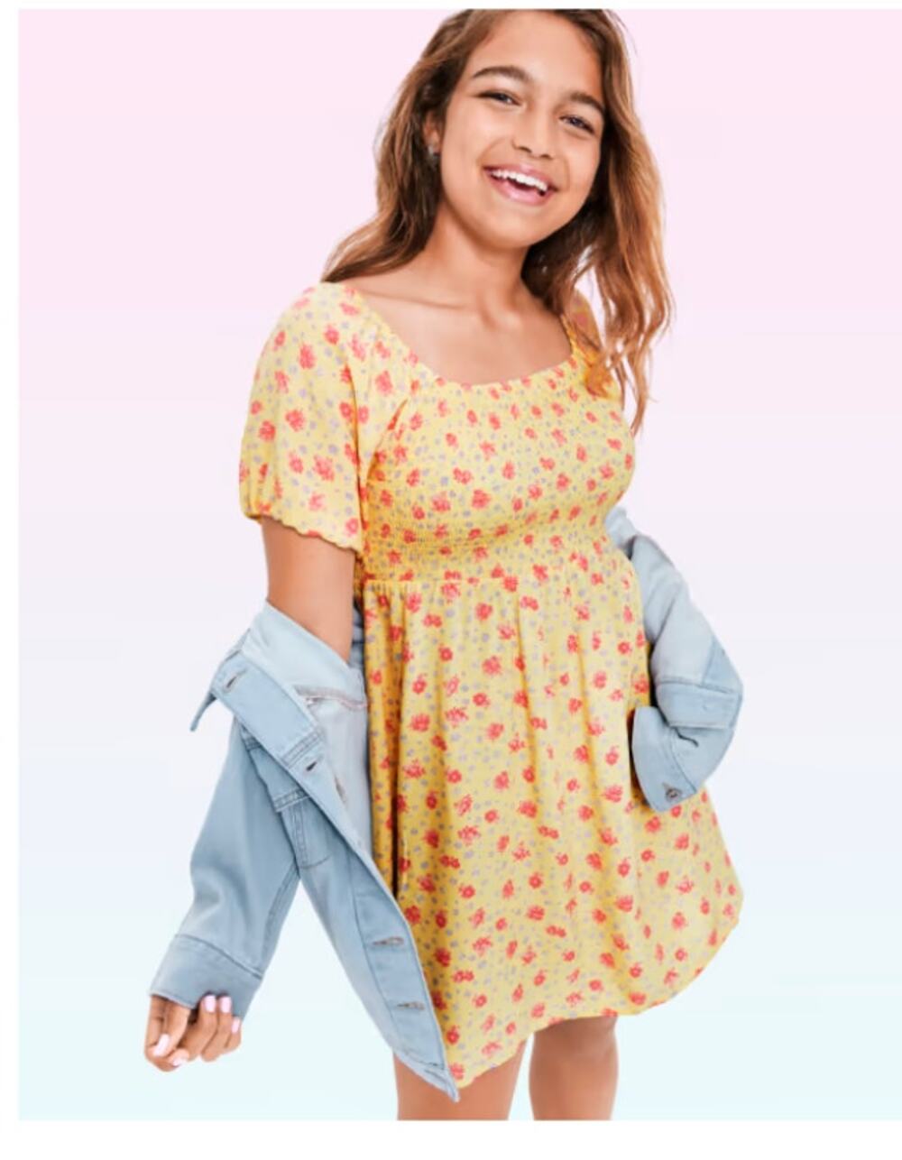 NWT Sugar & Jade  Tween Girls Floral Smocked Babydoll Dress - Pale Sun M(10)